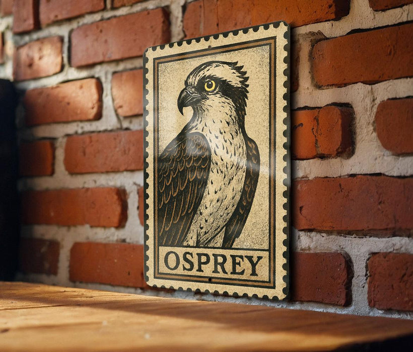 a wooden table with a framed illustration of an Osprey, a bird of prey, mounted on a brick wall.