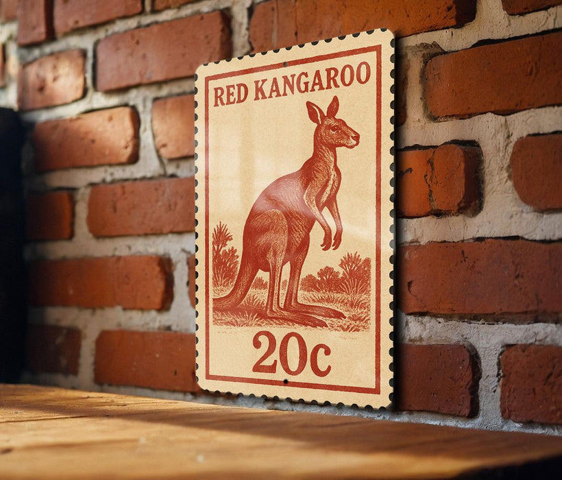 A red kangaroo stamp is displayed on a brick wall, with the text "RED KANGAROO" and "20c" printed on it.