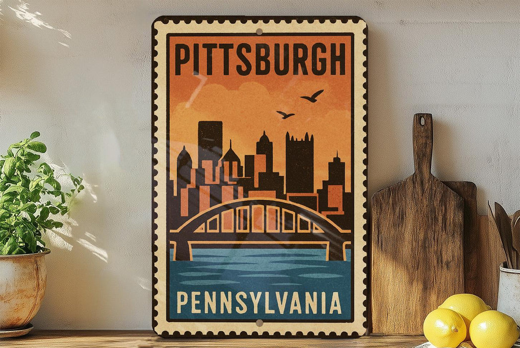 A vintage-style metal sign depicting the Pittsburgh skyline with a bridge, placed on a wooden surface next to a wooden cutting board and some lemons.