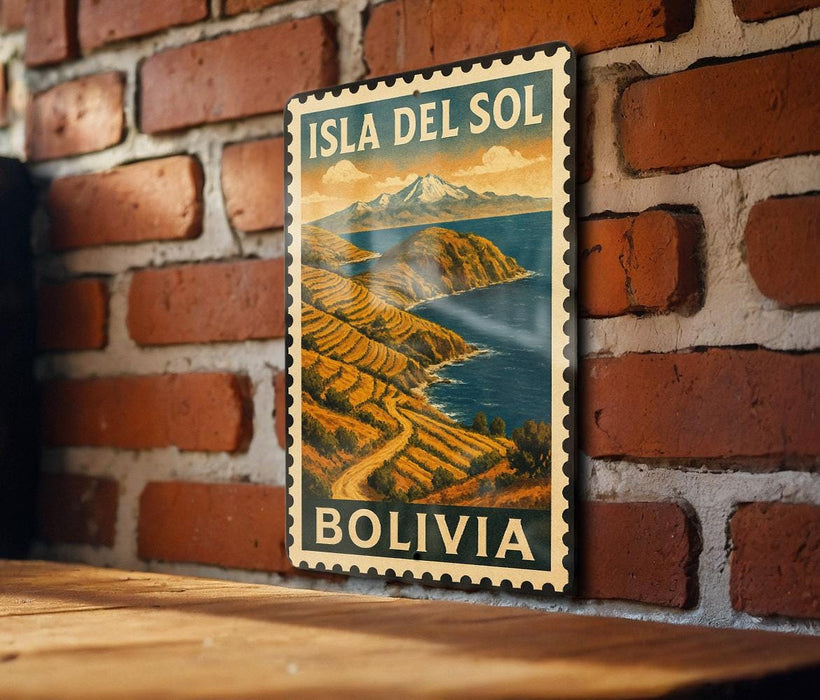A vintage-style metal sign with the text "ISLA DEL SOL BOLIVIA" displayed on a brick wall.