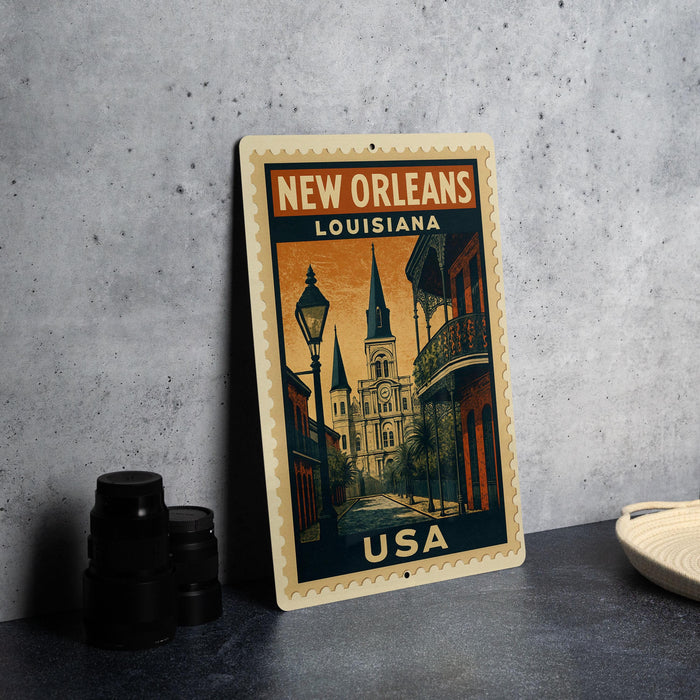 A vintage-style metal sign with the text "NEW ORLEANS LOUISIANA USA" printed on it, depicting a street scene in New Orleans, Louisiana.