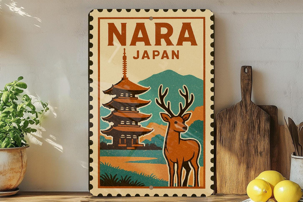 A vintage-style poster of Nara, Japan, featuring a pagoda and a deer, is displayed on a wall next to a wooden cutting board and a potted plant.
