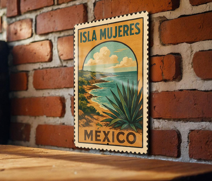 A vintage-style poster of the island of Isla Mujeres, Mexico, featuring a desert landscape with a cactus plant and a cloudy sky.