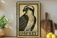 a framed illustration of an Osprey, a bird of prey, on a shelf next to a wooden cutting board and some lemons.