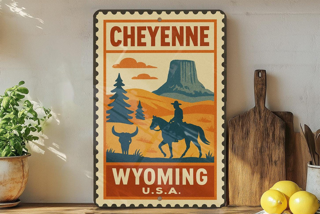 A vintage-style metal sign with the text "CHEYENNE WYOMING U.S.A." displayed prominently, featuring a cowboy riding a horse and a mountain in the background.