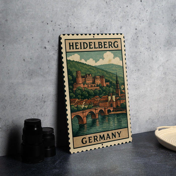 A vintage-style metal stamp depicting the Heidelberg Castle in Germany, with a castle and bridge in the background.