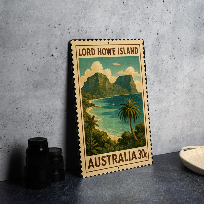 A vintage-style postage stamp depicting Lord Howe Island, Australia, with a tropical landscape and a palm tree.