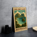 A vintage-style postage stamp depicting Lord Howe Island, Australia, with a tropical landscape and a palm tree.