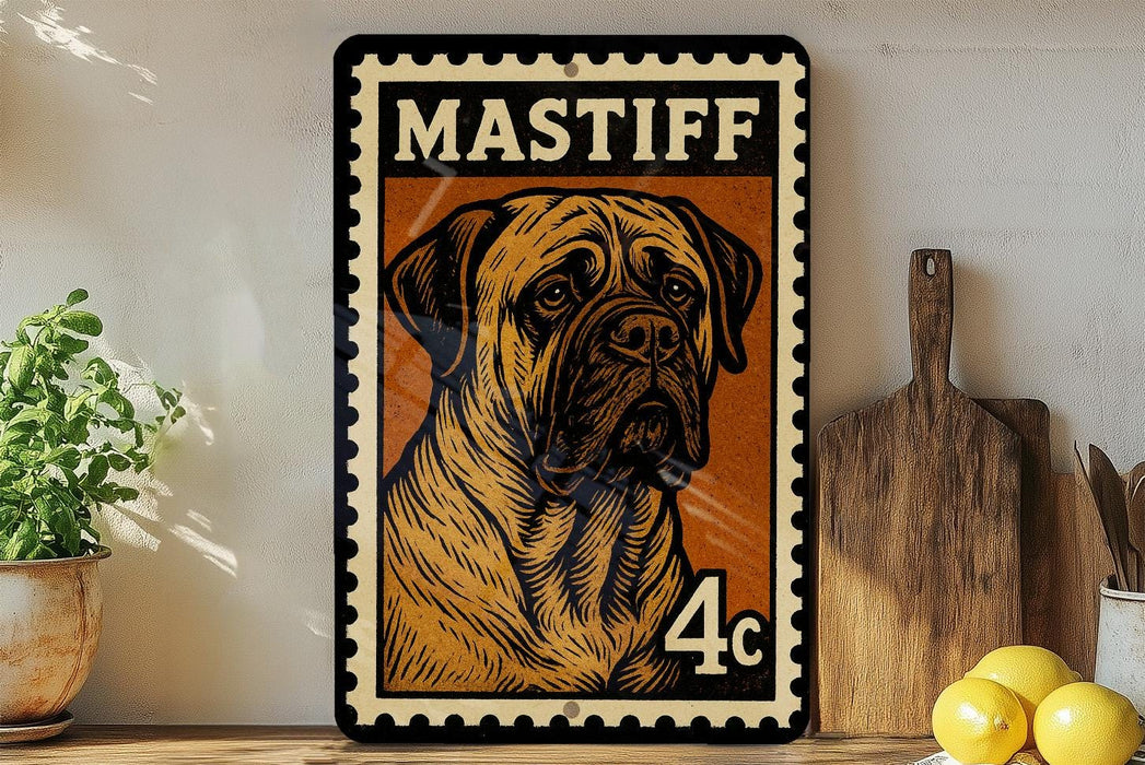 A framed illustration of a Mastiff dog is displayed on a wall, with a wooden cutting board and a potted plant to the side.