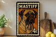 A framed illustration of a Mastiff dog is displayed on a wall, with a wooden cutting board and a potted plant to the side.