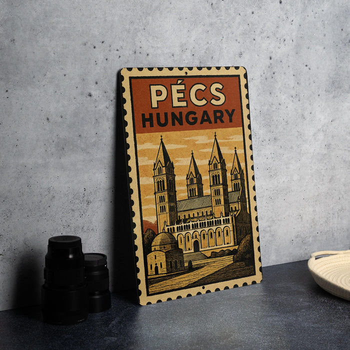 A vintage-style metal sign with a castle illustration and the text "PÉCS HUNGARY" (Pécs Hungary) on it, placed on a gray surface next to some black camera lenses.