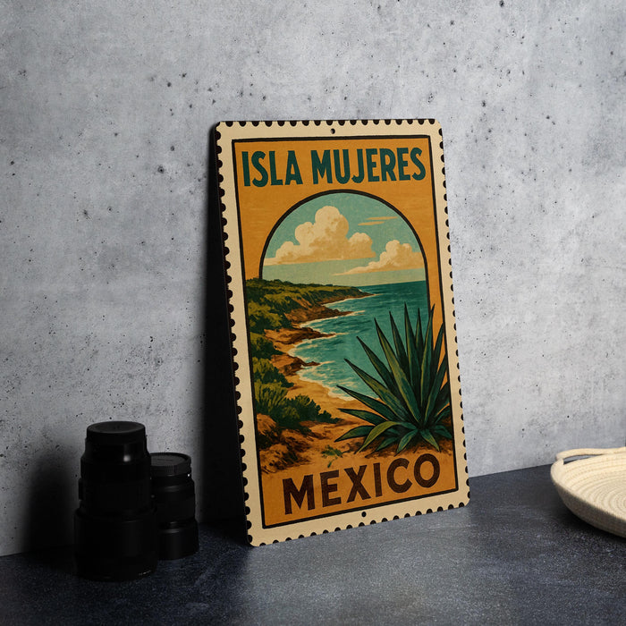 A vintage-style poster of the island of Isla Mujeres, Mexico, featuring a desert landscape with a cactus and a beach.