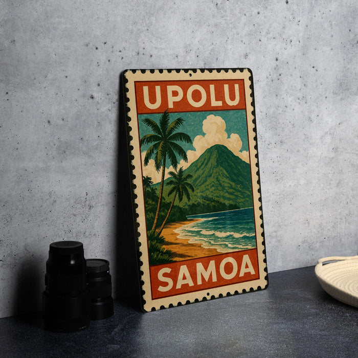 A vintage-style metal sign with the text "UPOLU SAMOA" and a tropical landscape depicting a beach, palm trees, and a mountain.
