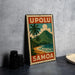 A vintage-style metal sign with the text "UPOLU SAMOA" and a tropical landscape depicting a beach, palm trees, and a mountain.