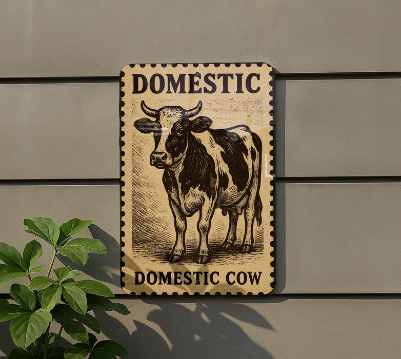 a sign that reads "Domestic Cow" with a cow illustration on it.