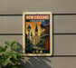 A vintage-style sign for New Orleans, Louisiana, featuring an illustration of the city's architecture and landmarks.