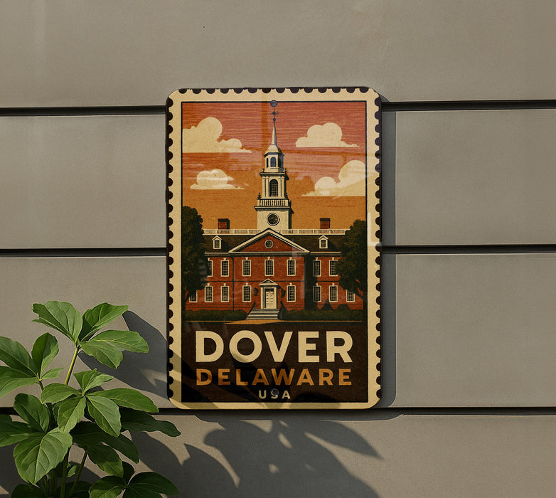 A vintage-style postage stamp depicting the historic Dover, Delaware, with a building and a clock tower.