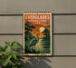 a vintage-style sign for Everglades National Park, with a large bird standing on a rock in the foreground and a sunset in the background.