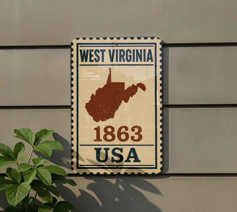 A vintage-style sign for West Virginia, featuring a map of the state and the text "1863 USA" on a beige background with a blue border.