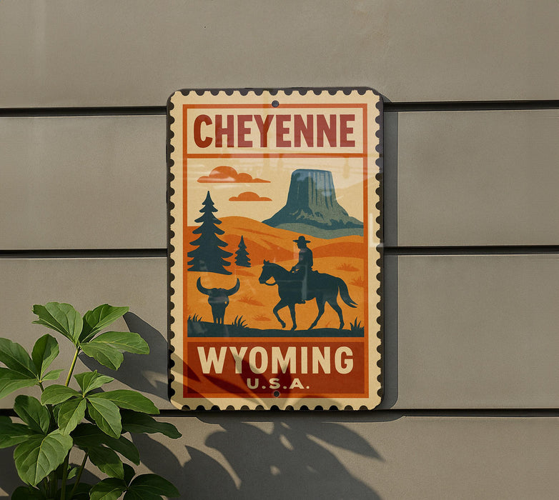 A vintage-style metal sign with a cowboy silhouette and a mountain landscape, mounted on a wall.