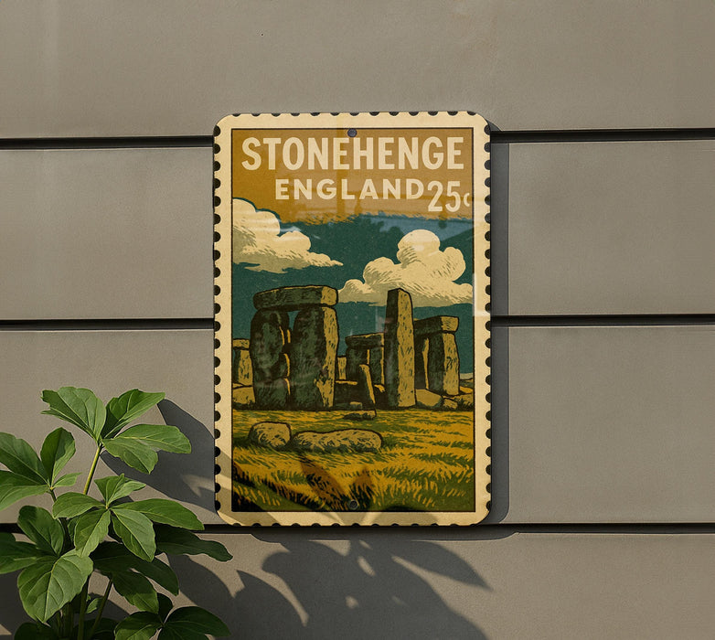 A vintage-style stamp or postcard depicting Stonehenge, a famous monument in England, with the text "STONEHENGE ENGLAND25c" printed on it.