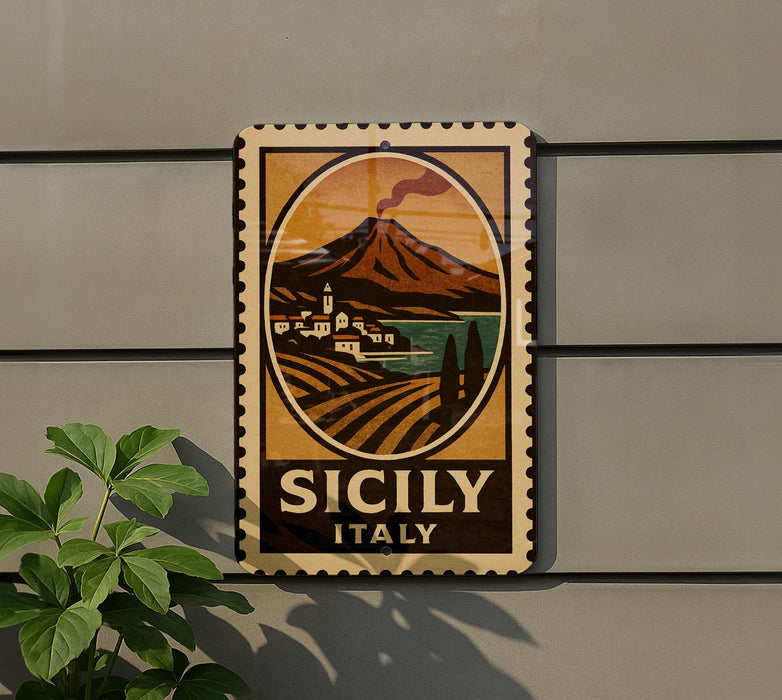 A vintage-style sign depicting a scenic landscape with a mountain, buildings, and a body of water, mounted on a wall.