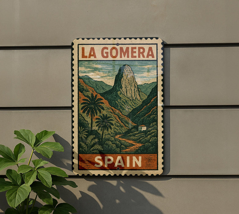 A vintage-style metal sign with a mountain landscape and palm trees, mounted on a wall.