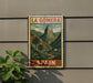 A vintage-style metal sign with a mountain landscape and palm trees, mounted on a wall.