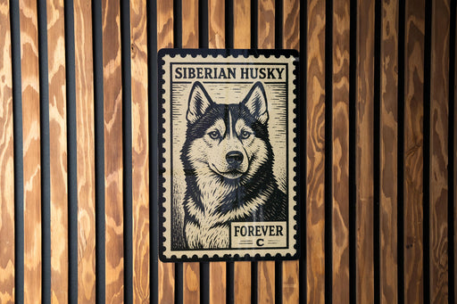 A poster of a Siberian husky dog is displayed on a wooden wall.