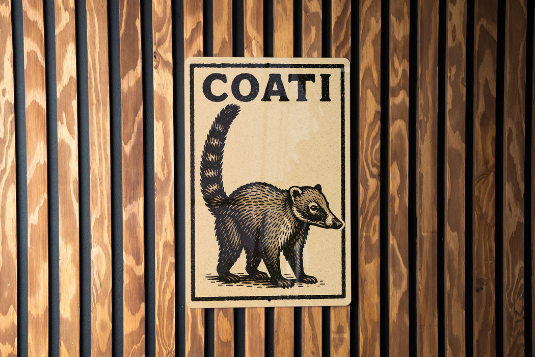a sign with the word "COATI" written on it, which is mounted on a wooden wall.