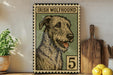 a framed illustration of an Irish Wolfhound dog, with the text "IRISH WOLFHOUD" and the number "5" on the frame.