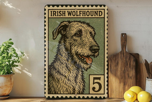 a framed illustration of an Irish Wolfhound dog, with the text "IRISH WOLFHOUD" and the number "5" on the frame.