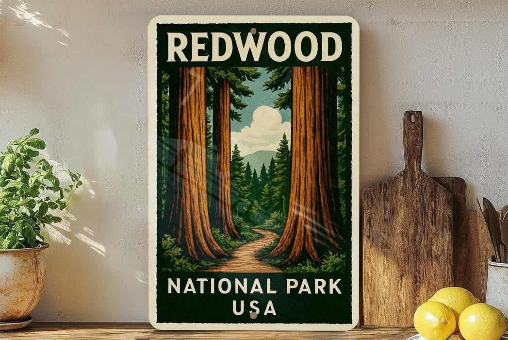 A vintage-style sign for Redwood National Park in the USA, featuring a scenic illustration of towering redwood trees with a winding path leading through the forest.