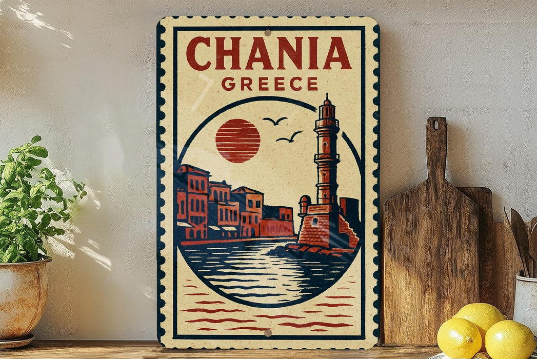 A vintage-style metal sign with the text "CHANIA GREECE" and an illustration of a lighthouse and buildings, placed on a wooden surface next to a potted plant and a cutting board.