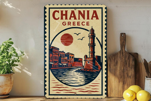 A vintage-style metal sign with the text "CHANIA GREECE" and an illustration of a lighthouse and buildings, placed on a wooden surface next to a potted plant and a cutting board.