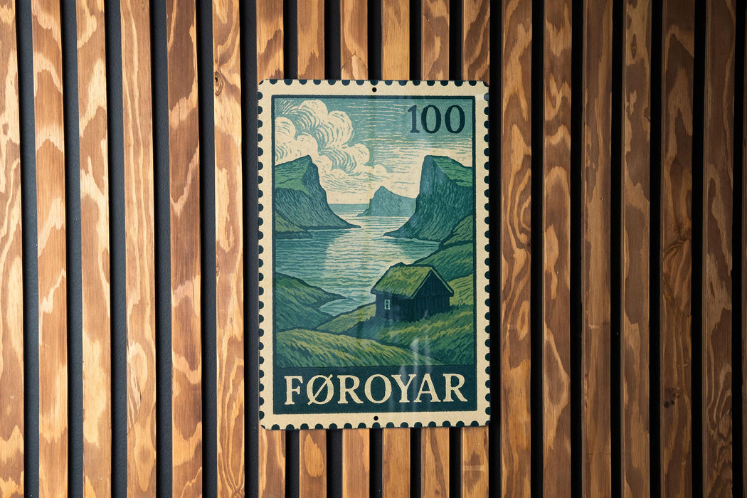 A postage stamp from Føroyar, a country in Norway, is displayed on a wooden wall.
