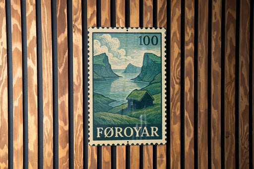 A postage stamp from Føroyar, a country in Norway, is displayed on a wooden wall.