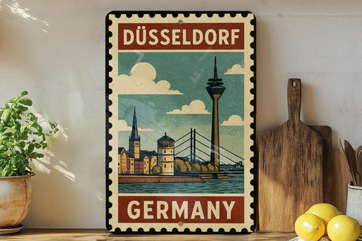 A vintage-style metal sign with a colorful illustration of Düsseldorf, Germany, featuring a tower and a bridge, is displayed on a shelf next to a wooden cutting board and a potted plant.