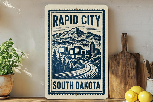 a sign for Rapid City, South Dakota, with a mountain landscape and a road leading to a city.