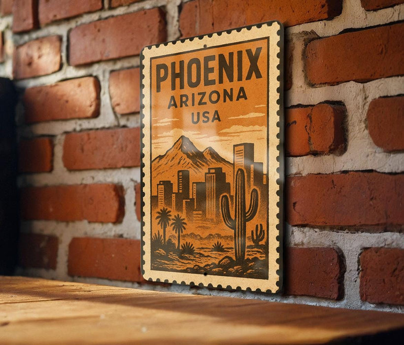 A vintage-style poster of Phoenix, Arizona, USA, featuring a desert landscape with mountains and buildings, mounted on a brick wall.