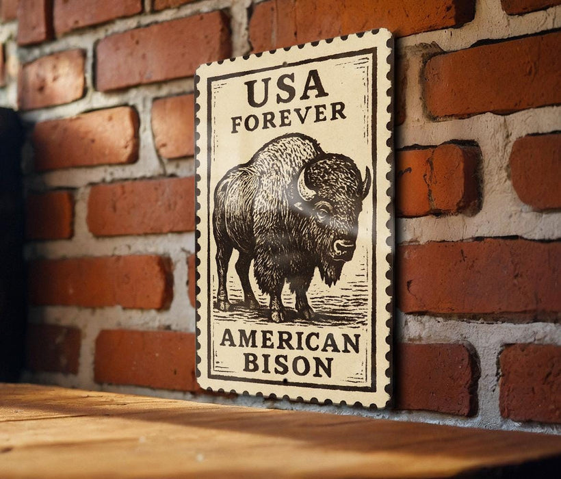 a wooden table with a framed poster of a buffalo on it, mounted on a brick wall.