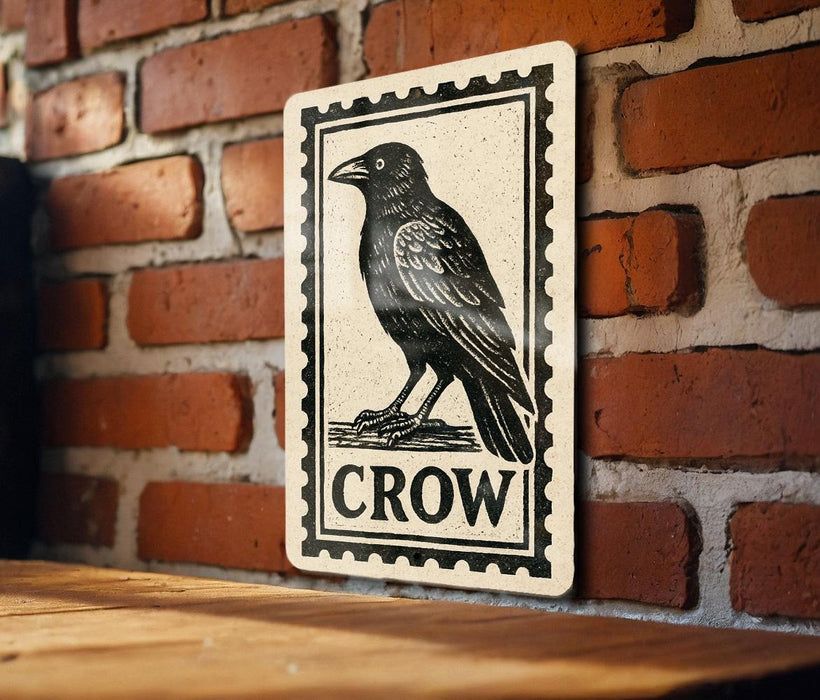 a black and white stamp-like sign with a black crow illustration on a brick wall.