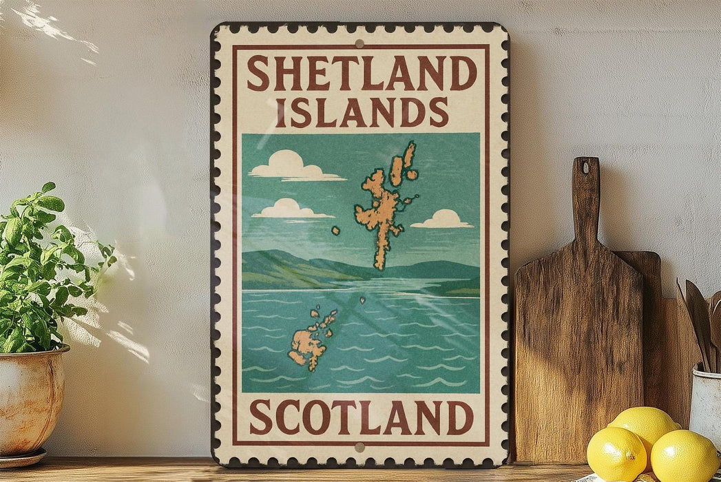 A vintage-style metal sign displaying the text "SHETLAND ISLANDS SCOTLAND" with a map of Scotland, placed on a wooden shelf next to a potted plant and a wooden cutting board.