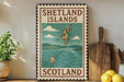 A vintage-style metal sign displaying the text "SHETLAND ISLANDS SCOTLAND" with a map of Scotland, placed on a wooden shelf next to a potted plant and a wooden cutting board.