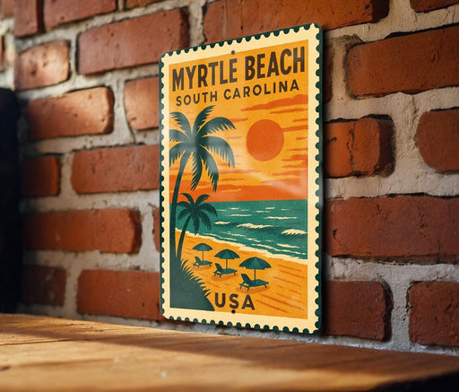 A vintage-style poster of Myrtle Beach, South Carolina, featuring a palm tree, beach scene, and a sunset.