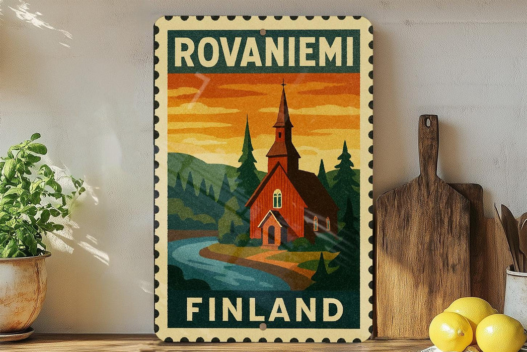 a poster of a church with a scenic landscape in the background, displayed on a wall next to a wooden cutting board and some potted plants.