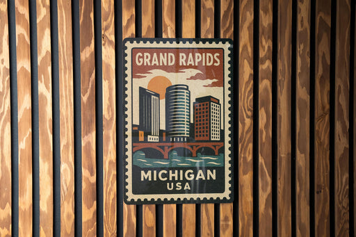 A vintage-style postage stamp depicting the Grand Rapids, Michigan, USA, with a cityscape and a bridge.