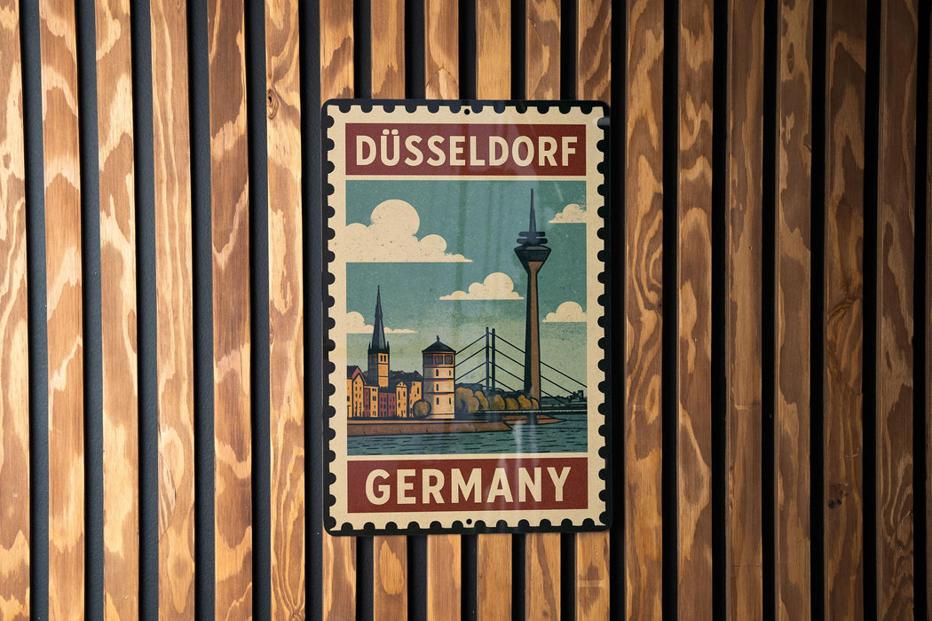 A vintage-style metal stamp with the text "DÜSSELLORF GERMANY" and an illustration of a city skyline, including a tall tower, is displayed on a wooden wall.