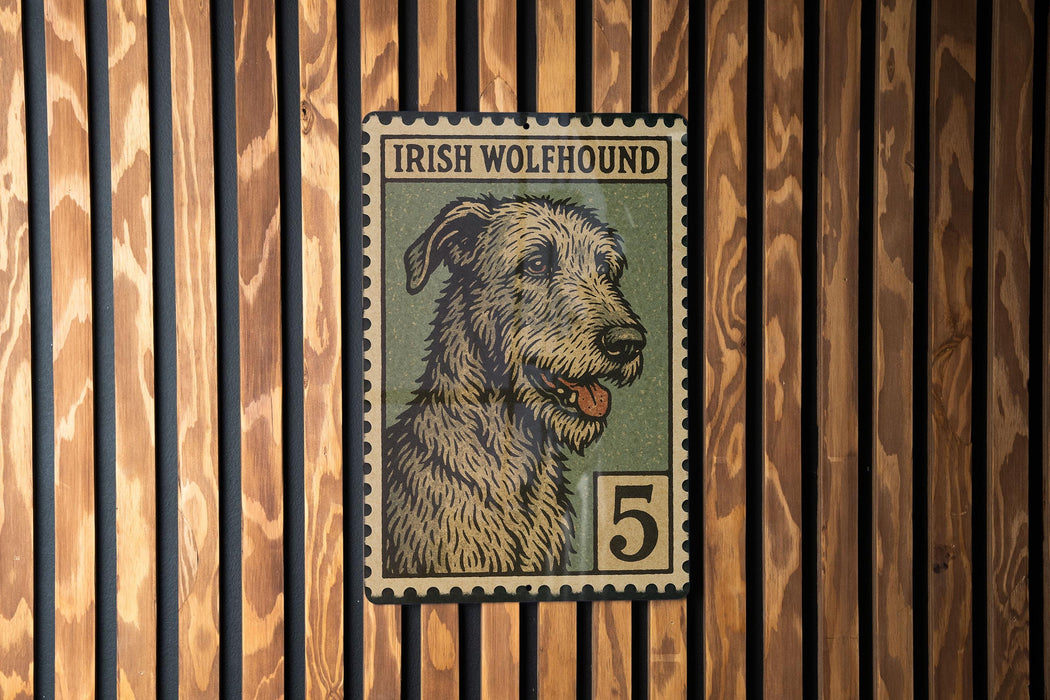a stamp-like illustration of an Irish Wolfhound dog, with the text "IRISH WOLFHOUND" and the number "5" prominently displayed.