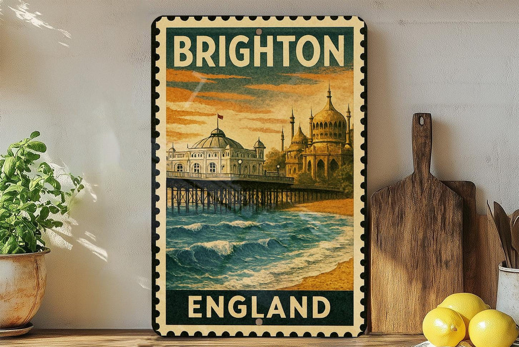 A vintage-style poster of Brighton, England, featuring a coastal scene with a pier and buildings, is displayed on a wall next to a wooden cutting board and some potted plants.
